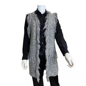 Women's Cable Knit Fringe Maxi Sweater Vest Gray White Silver S/M L/XL